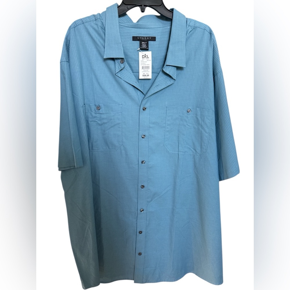 Synergy by DXL Cotton Blue Short Sleeve Dress Shirt New Pockets Patterned